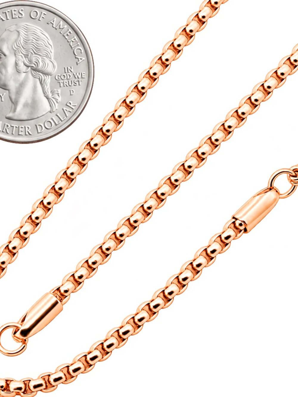 316L Stainless Steel 18k Rose Gold Plated 2.5mm Box Link Chain Necklace 24”-30”